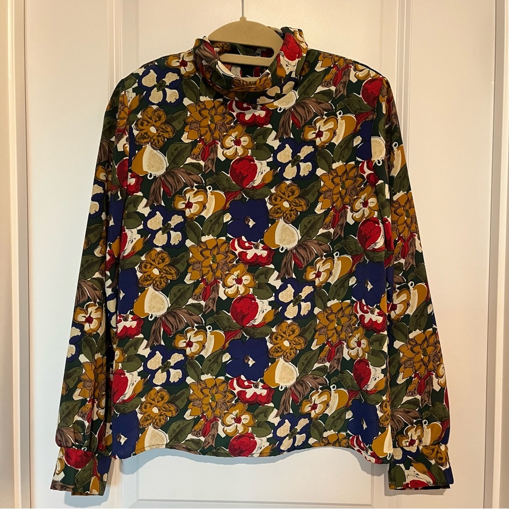 Worthington Vintage Petite Floral Long Sleeve High Neck Blouse